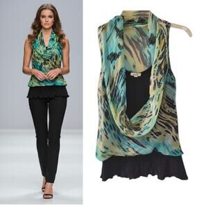 Cache Silk Top Wmn's Sz S Multicolor Metallic Thread Animal Print Draped Blouse